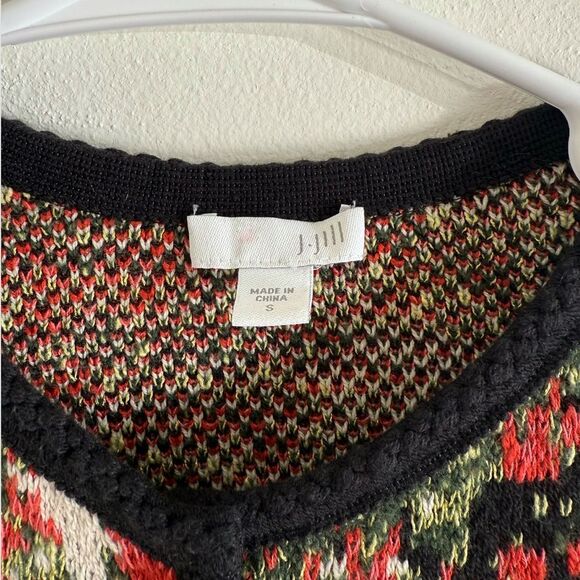 J. Jill Luxurious Black Red Cotton Wool  Jacquard Knit Cardigan Duster Small - Picture 9 of 9